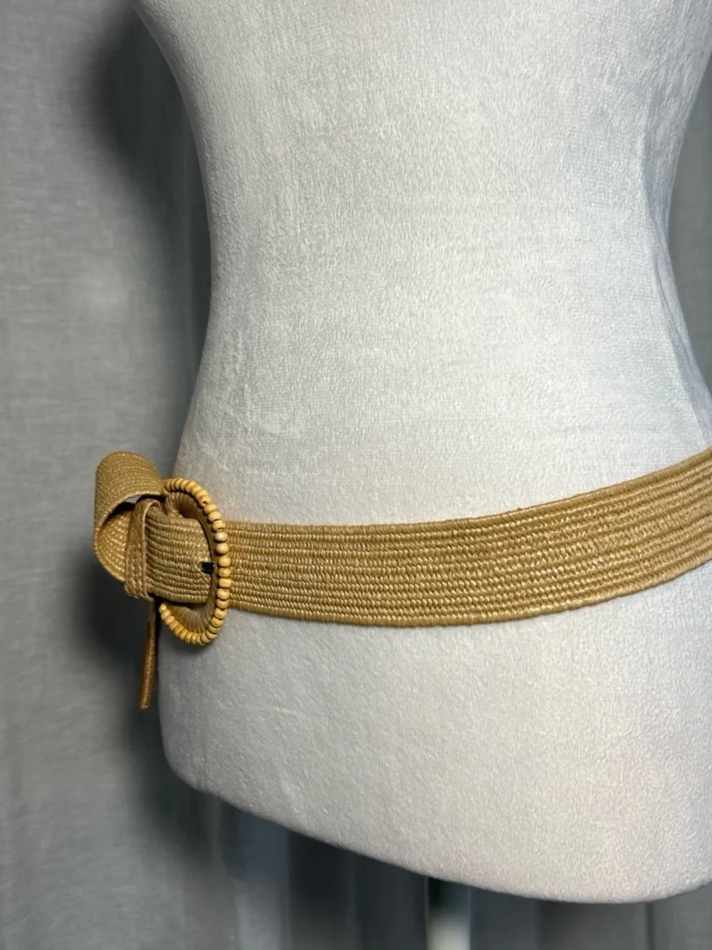 Tan Woven Straw Belt with Beaded Round Buckle - Women Accessories